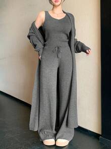 DAZY Damski, jednokolorowy, dzianinowy kardigan z długim rękawem, bezrękawnik z dzianiny i spodnie z dzianiny, 3 części, zestaw casualowy, jesień/zima - Szary - Zobacz 4