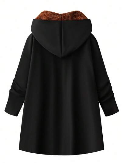 SHEIN Clasi Abrigo casual de invierno con capucha y talla grande para mujer, cálido y cómodo, 2025 nuevo, abrigo casual de manga larga con bolsillos para mujer de talla grande, otoño, invierno, vintage, salida, otoño, invierno, oficina, elegante, disfraces de Halloween, estilo de dinero antiguo, abrigo reversible de doble cara con capucha y bolsillos de talla grande para mujer, otoño, otoño