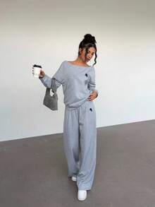 Aloruh 2 Potong Setelan Sweatshirt Wanita Kasual, Olahraga, Gaya Kuliah dengan Cetakan Logo Kuda Kecil, Cocok untuk Musim Kembali ke Sekolah, Musim Gugur/Musim Dingin. - Grey - View 6