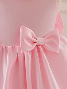 Glamorique Kids Vestido de satén rosa brillante para niña, vestido de niña con cuello Peter Pan, falda de pompones sin mangas con decoración de lazo, vestido de niña de las flores para boda, fiesta de cumpleaños, banquete de otoño e invierno - Rosa - Ver 5