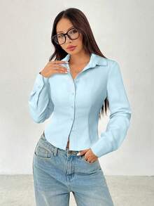SHEIN PETITE 基本款休闲长袖收腰衬衫 - 淺藍色 - 查看 5