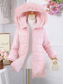 SHEIN 女孩冬季连帽棉服夹克，长袖泰迪熊毛绒内衬，绗缝渐变格纹图案，中长款棉质外套，时尚百搭，搭配裤子、运动裤、连体裤、运动衫、连帽衫、粉色连帽仿皮草装饰中长款棉质外套 - 粉色 - 查看 6