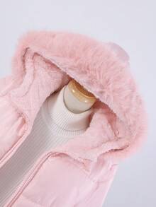 SHEIN 女孩冬季连帽棉服夹克，长袖泰迪熊毛绒内衬，绗缝渐变格纹图案，中长款棉质外套，时尚百搭，搭配裤子、运动裤、连体裤、运动衫、连帽衫、粉色连帽仿皮草装饰中长款棉质外套 - 粉色 - 查看 8