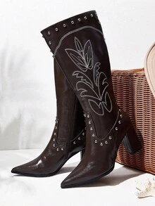 Styleloop Giày bốt cao cổ mũi nhọn gót dày có khóa kéo bên hông dành cho nữ, bốt cá mập, bốt nâu, bốt cao bồi, đế trong, phong cách thời trang Âu Mỹ, thích hợp cho tiệc Halloween - màu nâu - Xem 2