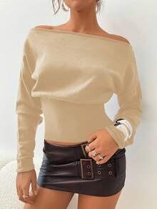 Aloruh Women's Autumn/Winter Exposed Shoulder Asymmetrical Shoulder Long Sleeve Tight Ribbed Brown Sweater,Fall - Apricot - View 6