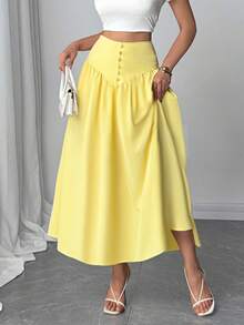 Firerie 新款休闲百搭轻薄仿亚麻喇叭裙，夏日度假波西米亚风优雅休闲裙 - 黃色 - 查看 1