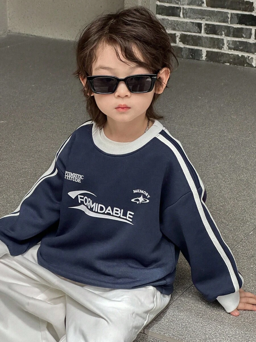 DAZY 儿童秋季服装，男童抓绒卫衣，休闲宽松字母印花街头风，秋季 - 藏蓝色 - 查看 1