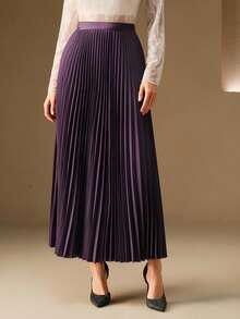 Anewsta 都市风百褶A字裙，简约时尚休闲日常长裙 - 紫色 - 查看 4