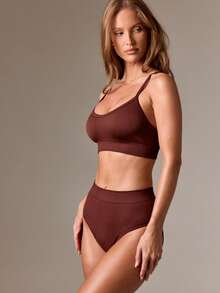 AiiRZ Bralette Knicker Set High Waisted Seamless Brief Matching Two Piece Workout Set Casual Loungewear Ribbed Knit Winter Fashion - Coffee Brown - View 5