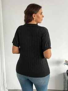 SHEIN Privé 大码套头针织上衣，白色短袖针织 Polo 领毛衣，修身套头针织上衣 - 黑色 - 查看 2