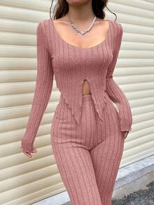 SHEIN Unity 女款純色極簡日常穿搭圓領長袖上衣與長褲兩件套 - 乾枯玫瑰色 - 查看 3