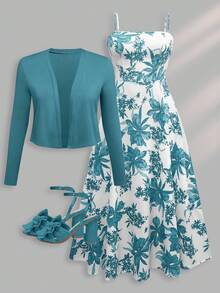 Franclia Plus Size 2-Piece Set: Solid Color Long Sleeve Jacket And Floral Print Slip Dress Fall Cloth For Women - Teal Blue - View 8