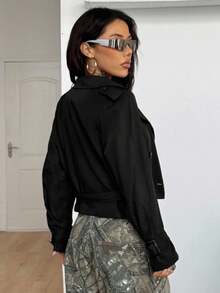 Coolane Women's Fall/Winter Streetwear Casual Athleisure Basic Daily Wear Comfortable Corset Loose Black Trench Coat Jacket Cropped Blazer - Black - View 8