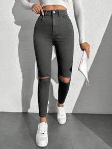 EURMUSE 98%棉女款緊身破洞牛仔褲，適合嬌小女性 - 灰色 - 查看 6