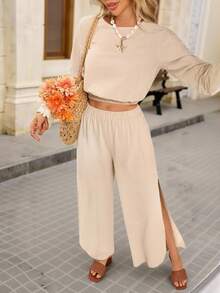 Brillora Autumn And Winter Outdoor Holiday Date Outfits, Autumn And Winter Outdoor Vacation Crew-Neck Long-Sleeved Shirts And Loose Wide-Leg Pants With High Slit Pants For Women, Summer Beach Outfits For Holidays, School Uniforms, Very Simple Outfits, Women's Country Outfits, Office Wear, Old Money Wear, Teacher Wear, Date Wear, Graduation Season, Women's Suits - Apricot - View 6