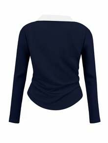 Rina Fox Ladies' Contrast Color Turndown Collar Long Sleeve Casual T-Shirt With Knight Print Fall Cloth For Women, Christmas