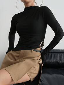 Aidyla Áo thun nữ cổ lọ tay dài xếp ly họa tiết ánh kim ôm vừa vặn thời trang thu/đông - màu đen - Xem 4