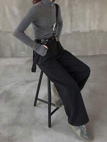 FRIFUL Women's Casual Denim Bib Pants With Pockets - Black - View 6