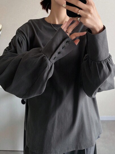 FRIFUL Women's Loose Fit Solid Color Round Neck Drop Shoulder Long Sleeve Button Cuff Casual T-Shirt, Suitable For Autumn