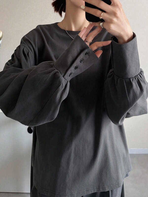 FRIFUL Women's Loose Fit Solid Color Round Neck Drop Shoulder Long Sleeve Button Cuff Casual T-Shirt, Suitable For Autumn