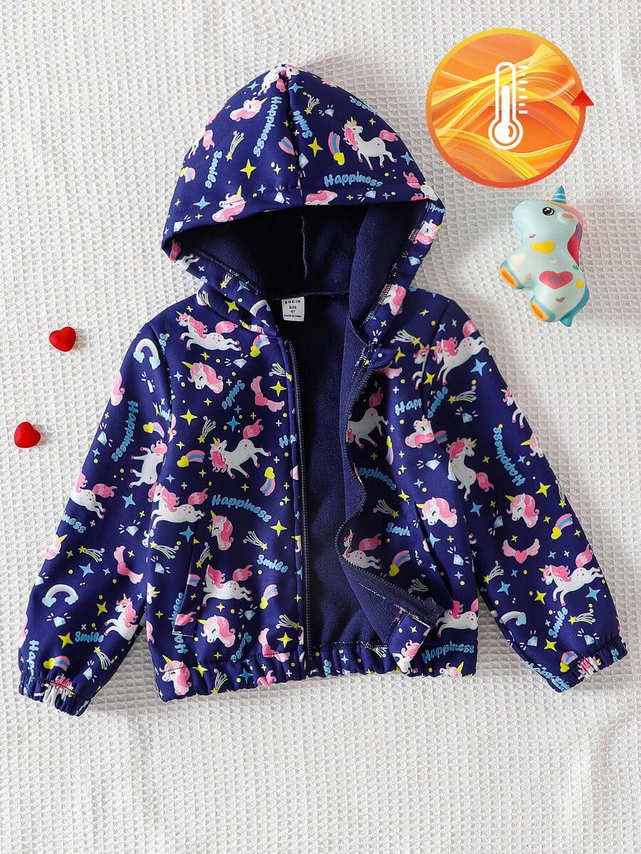 小女孩连帽拉链夹克，可爱俏皮的独角兽设计，保暖内衬，适合度假