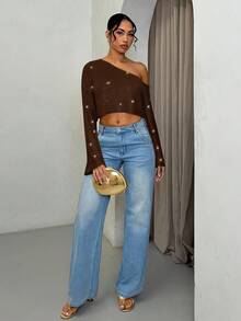 SHEIN BAE 秋冬女款闪亮斜肩长袖针织上衣 - 咖啡棕 - 查看 3