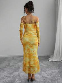 Momance Adjustable Waist Off-Shoulder Long Sleeve Tie-Dye Print Elegant Maternity Dress - Yellow - View 2