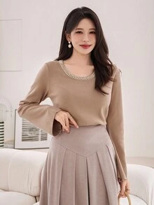 DAZY Suéter de cuello redondo con cuentas para mujer, otoño