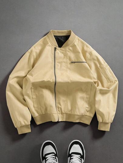 Manfinity EMRG Men's Solid Color Minimalist Casual Long Sleeve Jacket Men Bomber Jacket Cropped Bomber Jacket Men Spring Jacket Light Jacket Streetwear Jacket Fleece