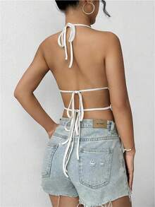 Chiquease 女式纯色细肩带露背荷叶边下摆短款上衣 - 白色 - 查看 2