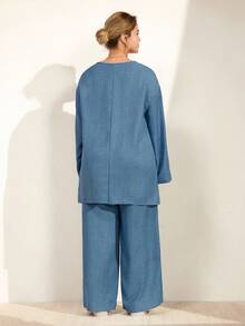 Momelise Plus Size Women Solid Color Round Neck Adjustable Long Sleeve Asymmetrical Hem Top And Long Button Slit Casual Pants Set - Blue - View 2