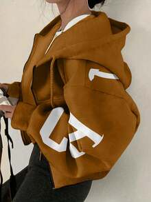 INAWLY 秋冬连帽卫衣、保暖内衬宽松短外套 - 卡其色 - 查看 4