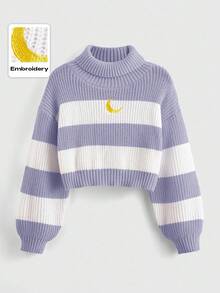 ROMWE Kawaii High Neck Striped Drop Shoulder Sweater With Moon Embroidery - Mauve Purple - View 5