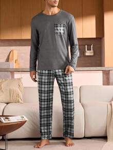 Manfinity Underwear&Sleepwear Basics Plus Size Men's Plaid Pocket Long Sleeve Pajama Set - Grey - View 3