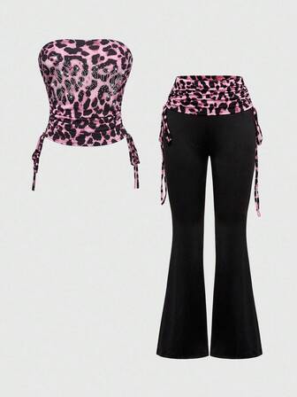 Conjunto de 2 piezas de ropa sexy para mujer - Top corto sin tirantes con letras de strass y estampado de leopardo, y pantalones con cordón