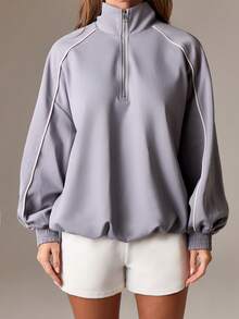 AiiRZ Chaqueta deportiva con cremallera de cuarto para mujer de talla grande, chaqueta informal de punto ligera con puños y cuello acanalados para otoño, invierno y primavera - Gris - Ver 4
