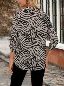EMERY ROSE 女士春季印花翻领七分袖衬衫，适合秋季穿着的女士工作衬衫，动物纹印花上衣，斑马纹印花衬衫，斑马纹印花上衣，女士外出休闲衬衫 - 彩色 - 查看 2