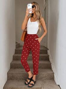 SHEIN LUNE New Black & White Polka Dot Print Pants With Pockets And Slit Hem, 3/4 Length - Red - View 4