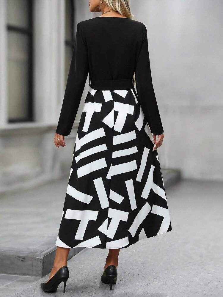 V-Neck Cinched Waist Cinched Waist Long Sleeve Dress For Women