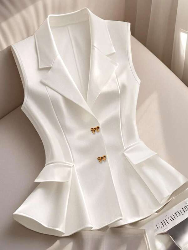 Franclia Women's Spring/Summer French V-Neck Precision Bow Buttoned Sleeveless Design Waisted A-Line White Blazer