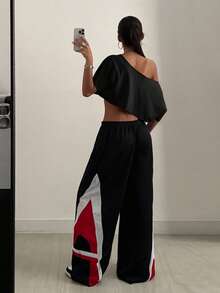 Coolane Women Fall Streetwear Going Out Sport Casual Graphic Off Shoulder Slouchy Cropped Black T-Shirt,Black Tops - Black - View 5