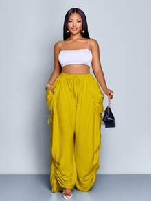 SOLERSUN 大码女式纯色休闲宽松口袋抽绳裤 - 芥末黃 - 查看 3