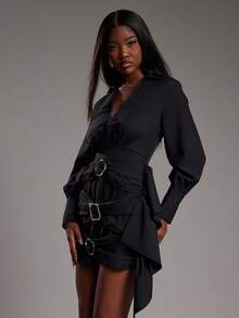 NYA SZN Kleid mit langen Ärmeln, Kragen, tiefem Ausschnitt, Metallelement, Büro, Business, Lässig, süß, Vintage Y2K, Schulanfang, Herbst, Mini-Länge Outfit für Frauen