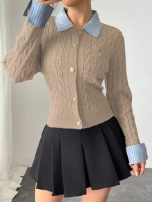 Chiquease Blogger-Inspired 2 In 1 Patchwork Knit Cropped Cardigan,Light Blue,Autumn,Elegant,School,Back-To-School European American Style Cable Ribbed Cardigan - Khaki - View 7