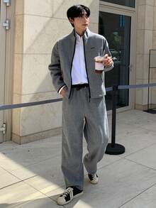 DAZY Men's Autumn Letter Embroidery Textured Fabric Elastic Waist Pants And Pullover Sweatshirt Set Business Attire