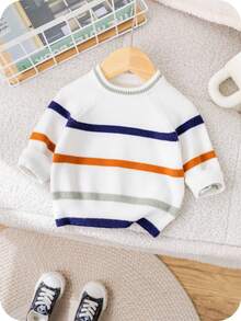 SHEIN Áo len chui đầu co giãn rộng rãi thoải mái, dễ thương, nhiều màu sắc, họa tiết sọc cho bé trai mùa thu/đông, thích hợp cho mùa tựu trường và tốt nghiệp - Nhiều màu - Xem 8