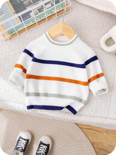 SHEIN Back To School & Graduation Season Young Boys' Casual Comfortable Versatile Cute Colorful Striped Loose Elastic Pullover Sweater, Autumn/Winter Fall