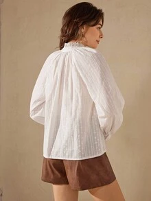 Wildy White Elegant Autumn Tea Party Embroidered Blouses For Women,Chic Loose Long Sleeve Puff Lantern Sleeve Tie Front Neck Tops,Fall Blouse - Apricot - View 6