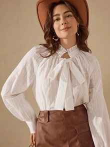 Wildy White Elegant Autumn Tea Party Embroidered Blouses For Women,Chic Loose Long Sleeve Puff Lantern Sleeve Tie Front Neck Tops,Fall Blouse - Apricot - View 2