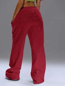 MUSERA Distressed Wide Leg Baggy Joggers Cosy Cute Casual Basic Fall Autumn Everyday Winter Christmas Lounge Thanksgiving - Burgundy - View 4